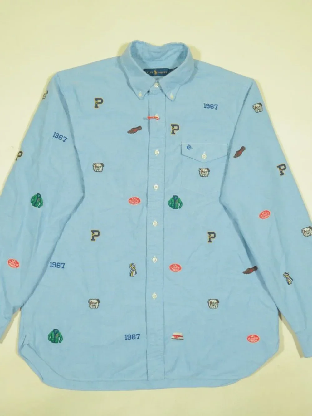 Polo Ralph Lauren Multi Embroidered OCBD Shirt Mens L Blue Oxford Cotton